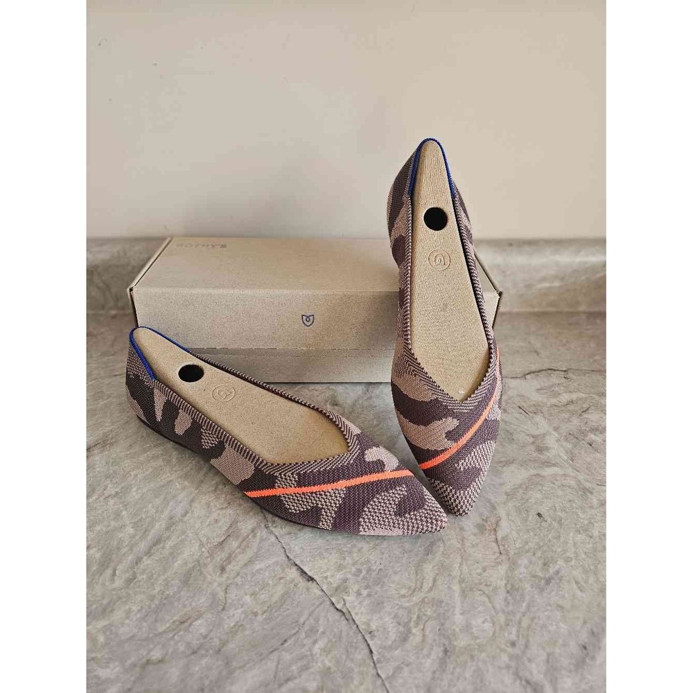 Rothy's Taupe Camo Knit The Point Flats Orange Stripe Women's 10.5